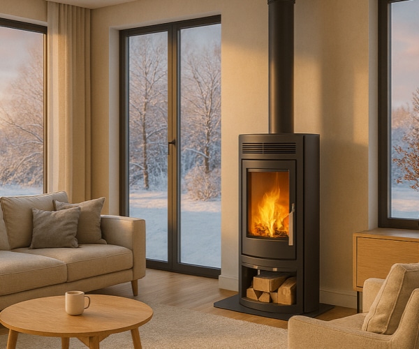 Das Bild zeigt einen eleganten Kaminofen in einem modernen Wohnzimmer. Der schlichte, schwarze Holzofen steht zwischen großen Fenstern und verleiht dem Raum eine behagliche Atmosphäre. Die Flammen hinter der Glasfront des Kaminofens sorgen für gemütliche Wärme, während das integrierte Holzfach Platz für Brennholz bietet. Der Ausblick auf die schneebedeckte Landschaft draußen ergänzt das gemütliche Ambiente im Inneren. Ideal für alle, die nach einem stilvollen und funktionalen Kaminofen suchen.